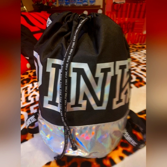 PINK Victoria's Secret Black and Holographic Backpack - Picture 1 of 2